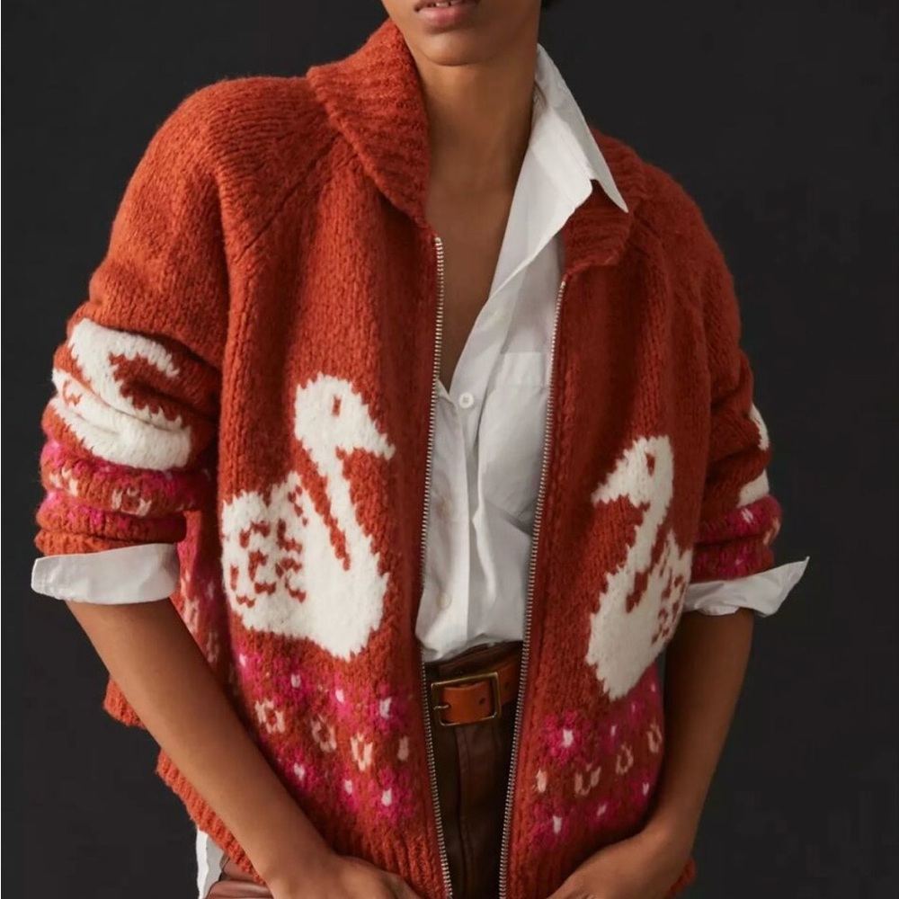Anthropologie x Maeve - Rust and White Swan Cardigan